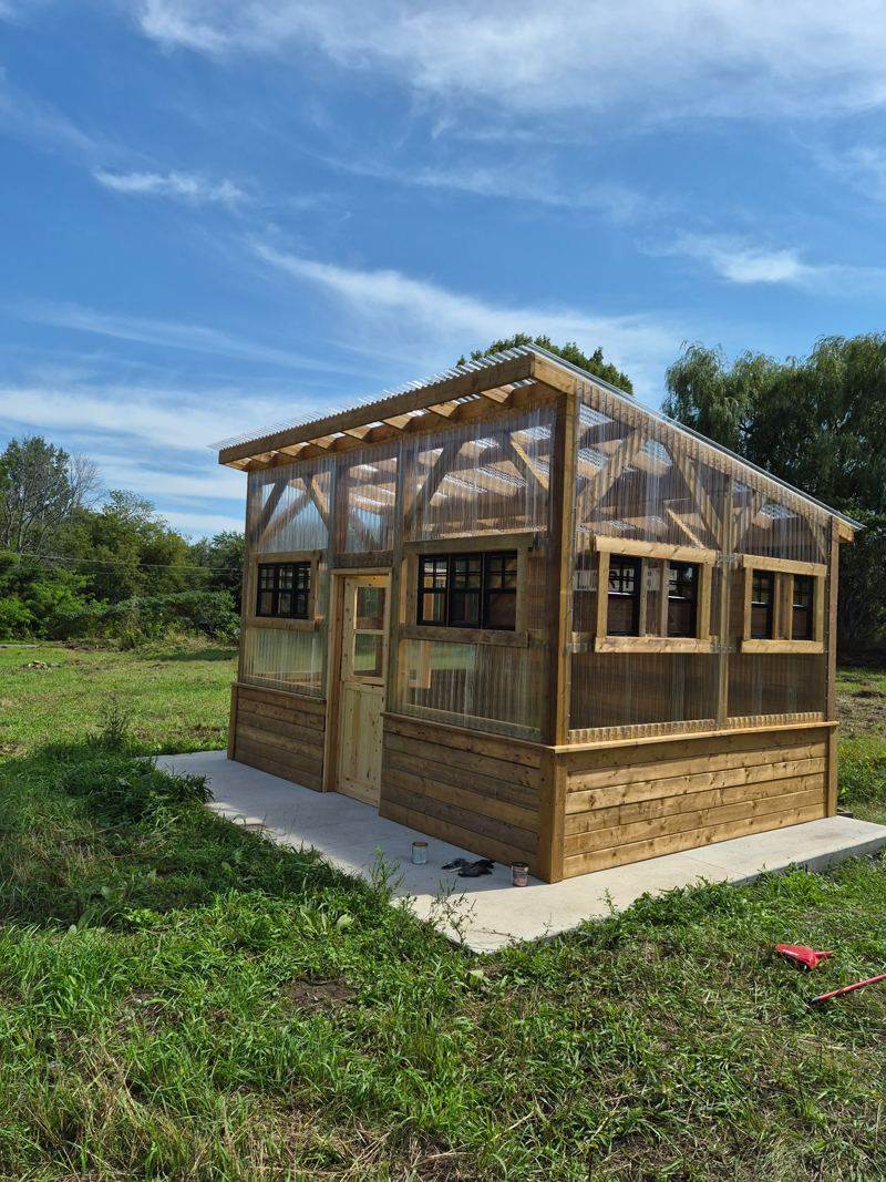 Timber-framed greenhouse with clear panels standing in a field