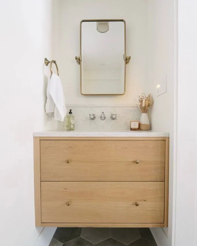 Wall-hung white oak bathroom vanity with two drawers